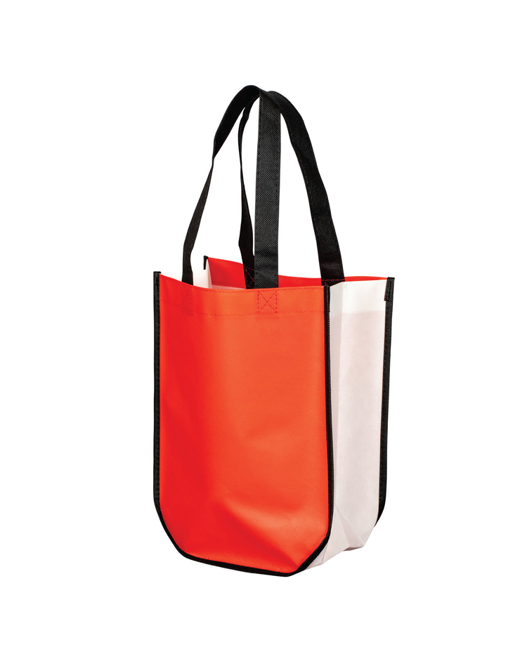 Orange tote bag with black handles on a white background