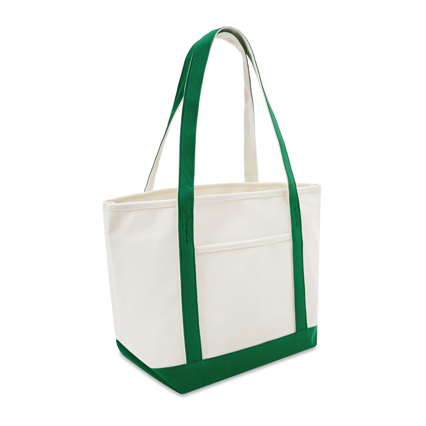 White tote bag with green straps on a white background