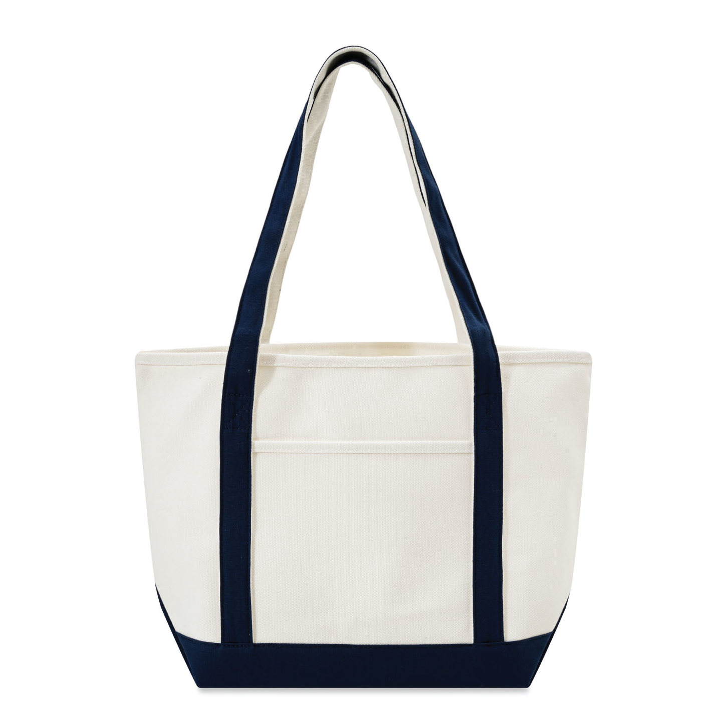 White tote bag with navy handles and trim on a white background