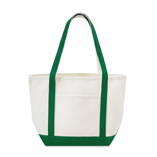 White tote bag with green handles and trim on a white background