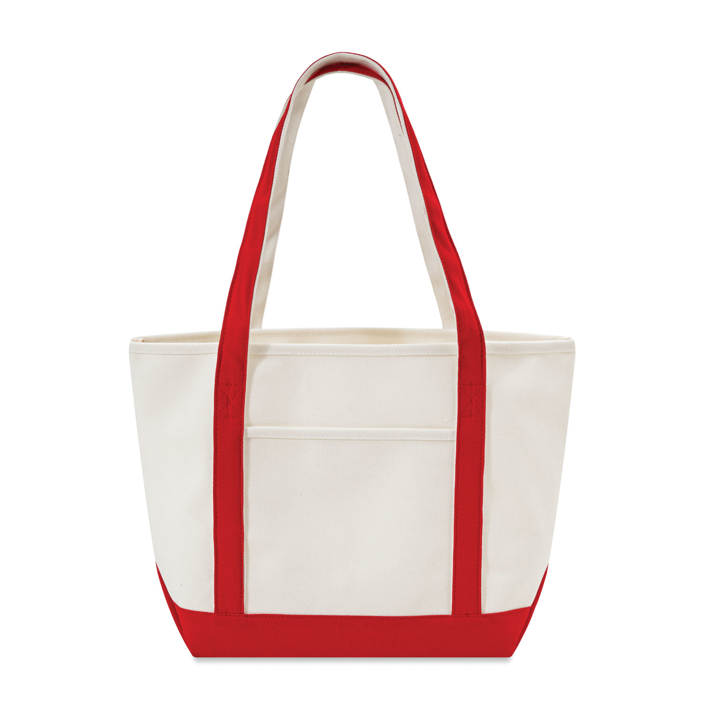 White tote bag with red handles and trim on a white background