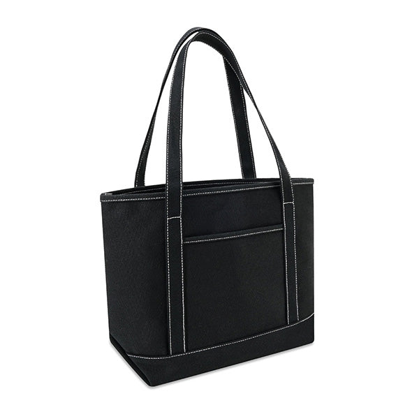 Black tote bag with white stitching on a white background