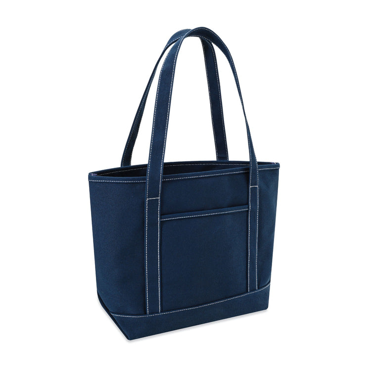 Navy blue tote bag with white stitching on a white background