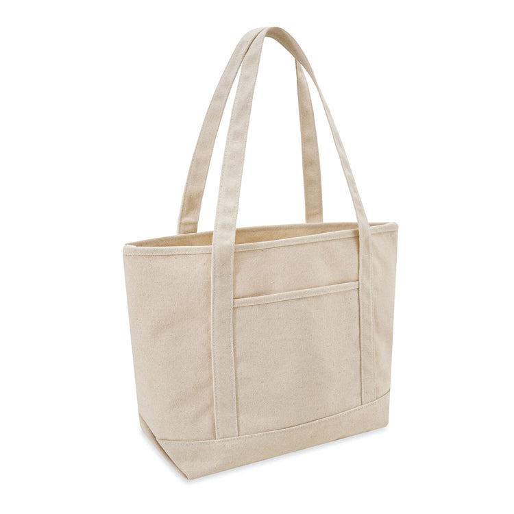 Beige tote bag with a pocket on a white background