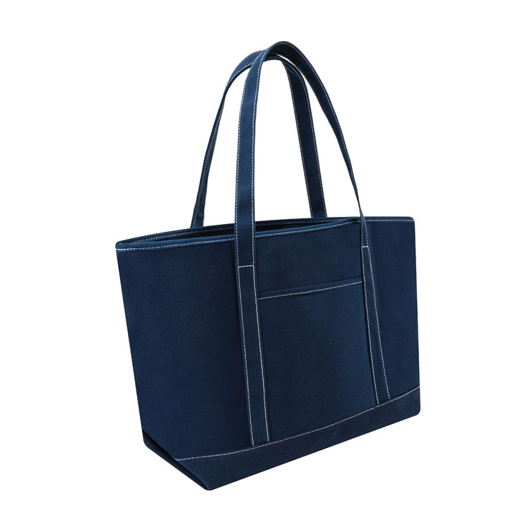 Navy blue tote bag with handles on a white background