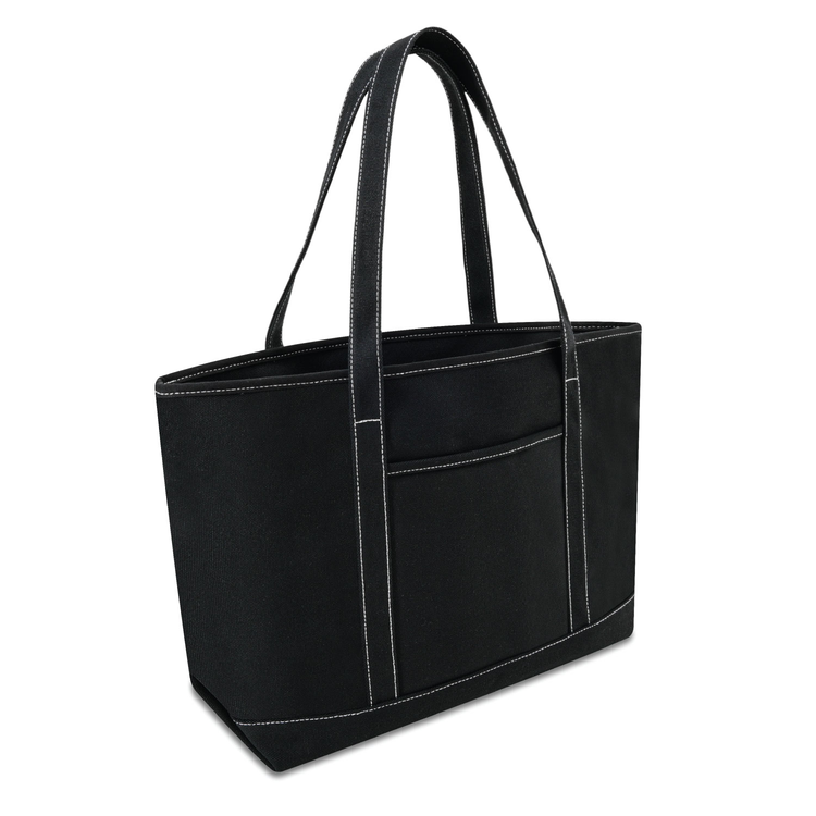 Black tote bag with white stitching on a white background