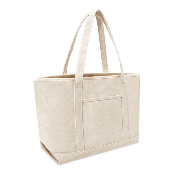 Beige tote bag with handles on a white background