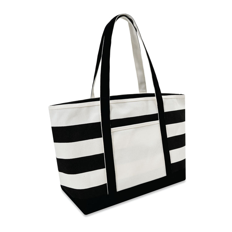 Black and white striped tote bag on a white background