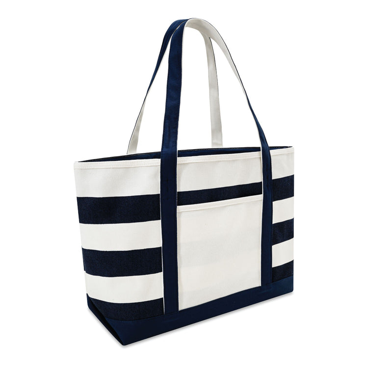 Navy and white striped tote bag on a white background