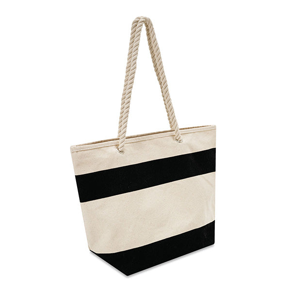 Beige tote bag with black stripes and rope handles on a white background