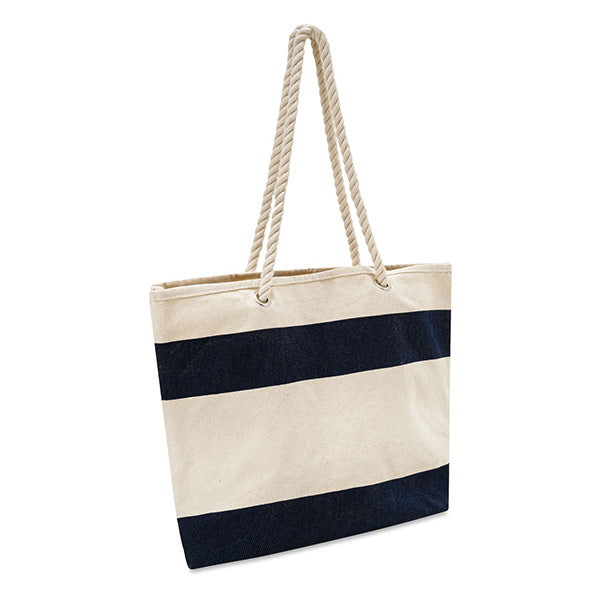 Beige tote bag with navy stripes and rope handles on a white background
