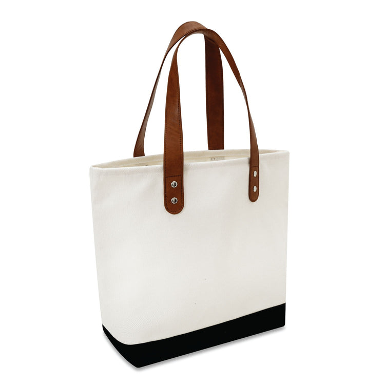 White tote bag with brown handles and black bottom edge on a white background