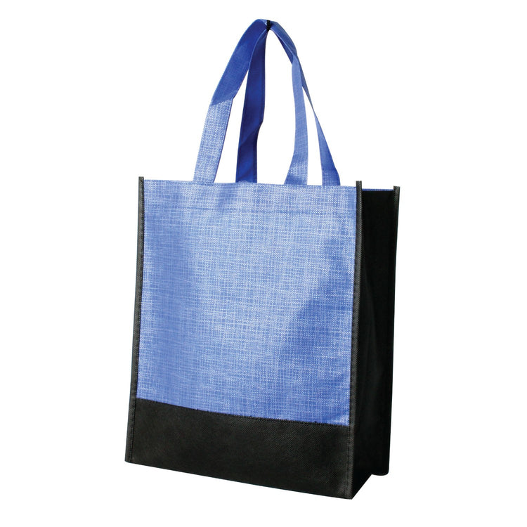 Blue and black tote bag on a white background