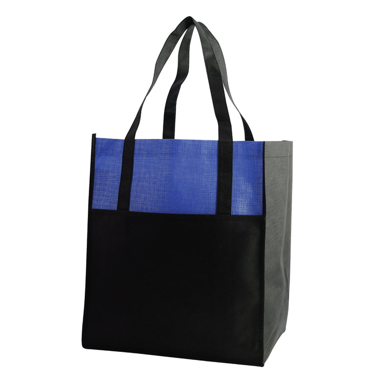 Black and blue tote bag on a white background