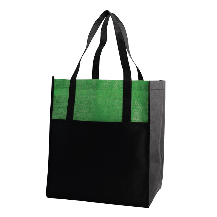 Black and green tote bag on a white background
