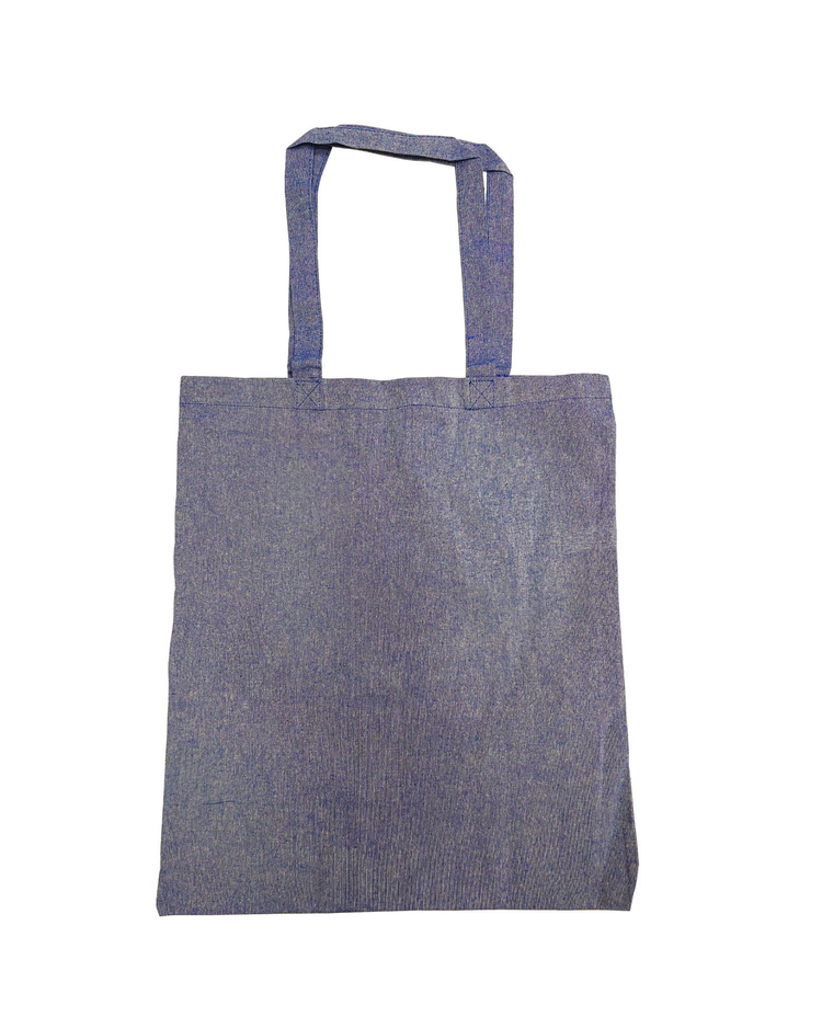 Blue denim tote bag on a white background