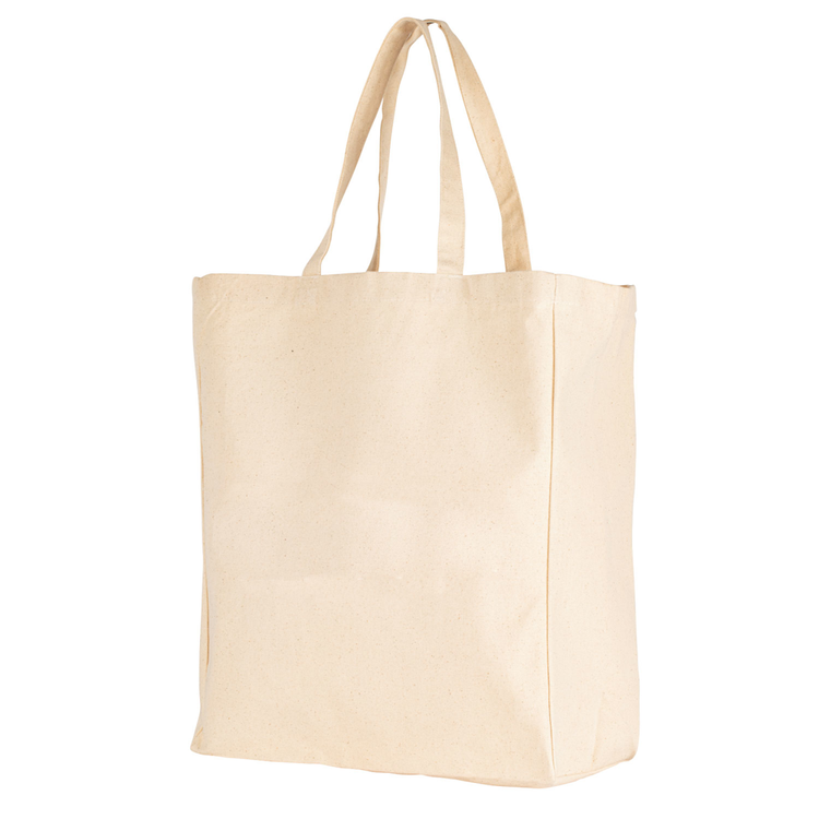 Beige natural canvas tote bag on a white background