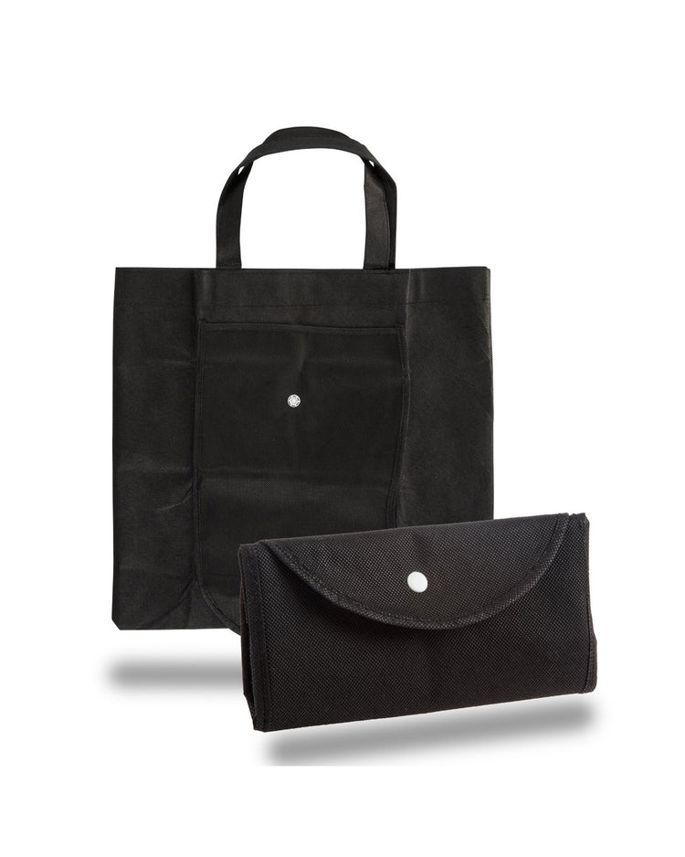 Black fabric tote bag and matching pouch on a white background