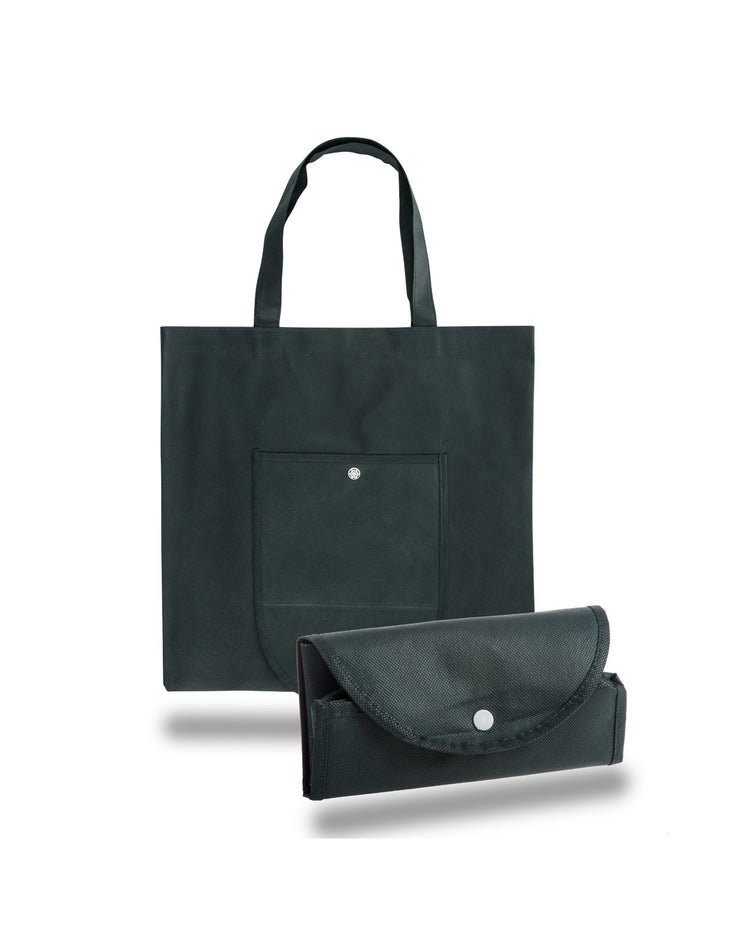 Black tote bag with a matching pouch on a white background