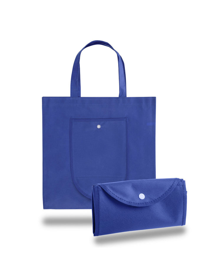 Blue reusable shopping bag with a smaller blue pouch on a white background