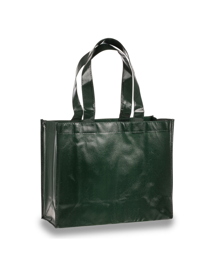 Green tote bag with black handles on a white background