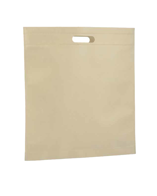 Beige paper bag with a handle on a white background