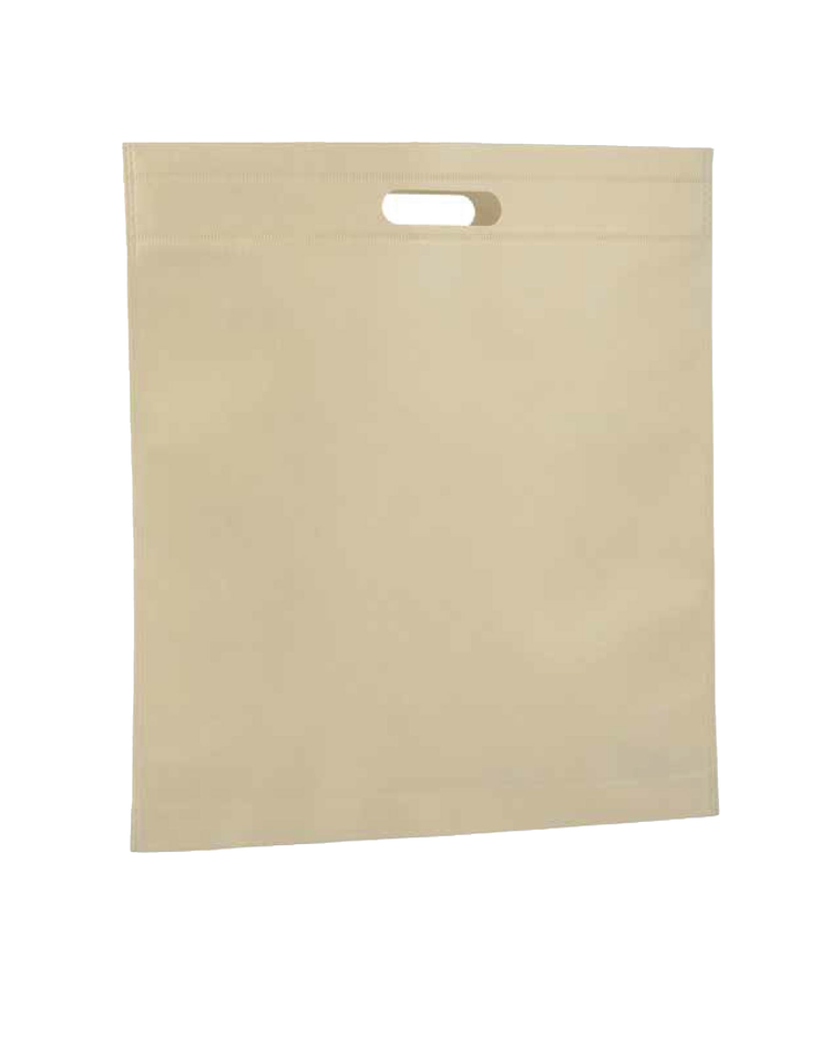 Beige paper bag with a handle on a white background