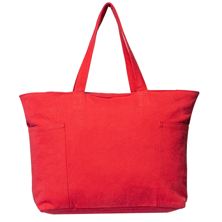 Red tote bag with two front pockets on a white background
