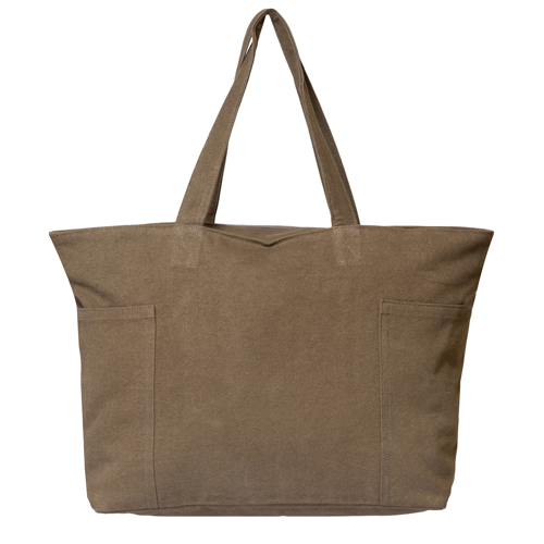 Brown tote bag with two front pockets on a white background
