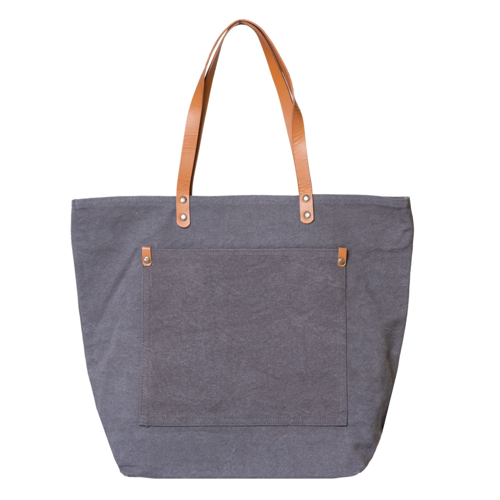 Gray tote bag with brown leather straps on a white background