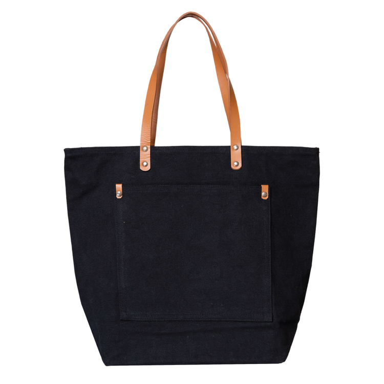 Black tote bag with brown handles on a white background