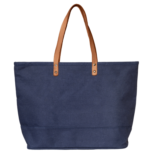 Blue tote bag with brown handles on a white background