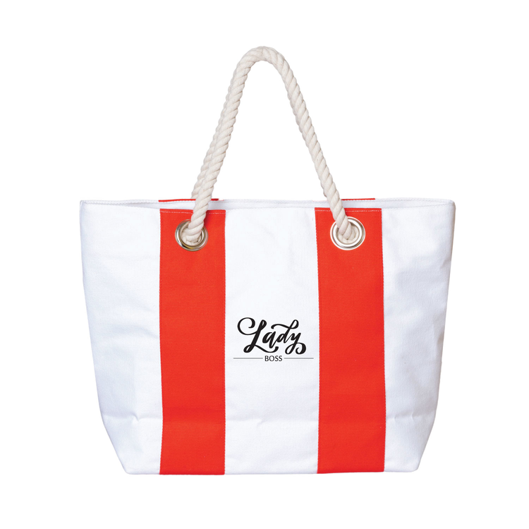 Red and white striped tote bag with 'Lady Boss' text on a white background