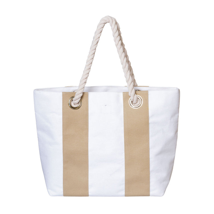 White and beige striped tote bag with a rope handle on a white background