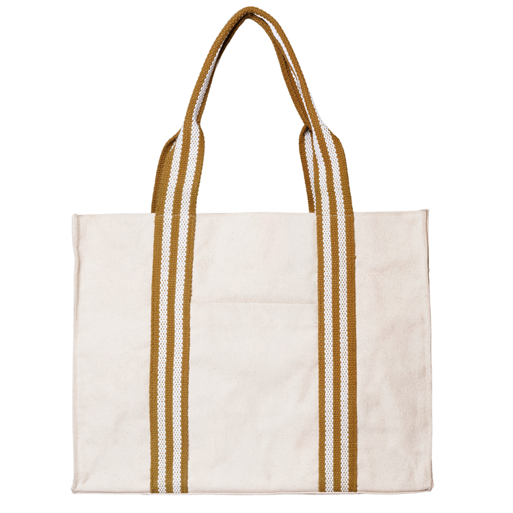 Beige tote bag with brown striped handles on a white background
