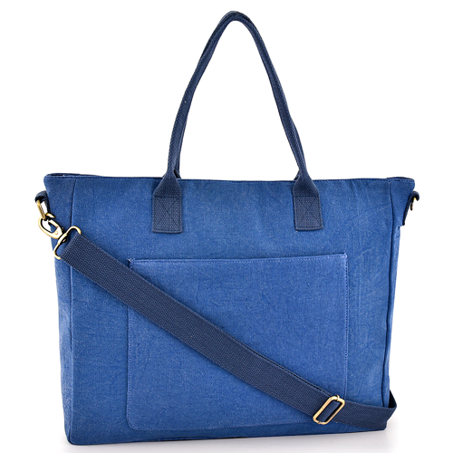 Blue tote bag with a shoulder strap on a white background