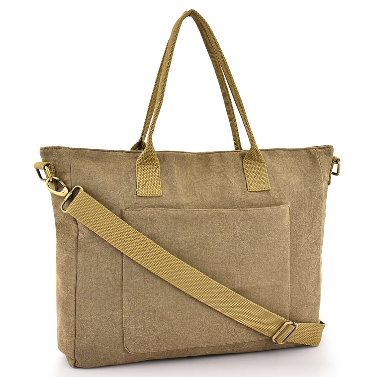 Brown tote bag with a shoulder strap on a white background