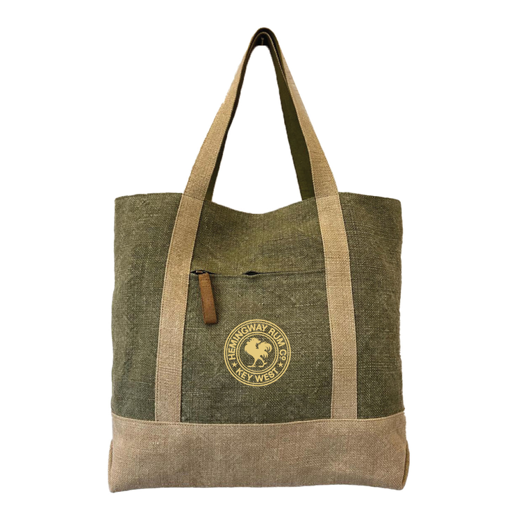 Green and brown tote bag with a logo on a white background