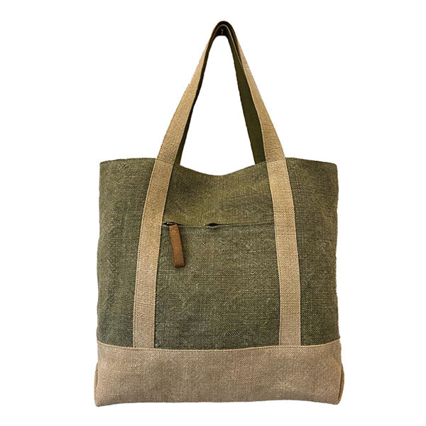 Green and beige tote bag with a zipper pocket on a white background