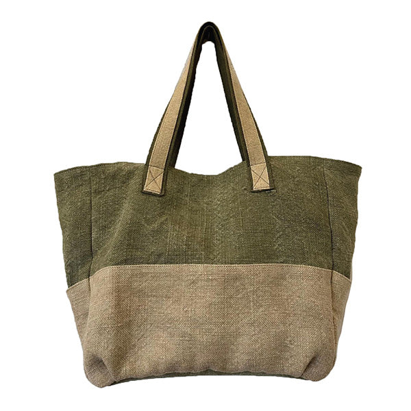 Green and brown tote bag on a white background