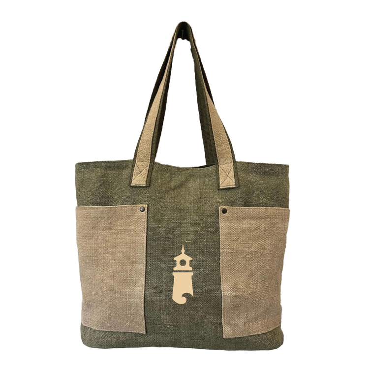 Green and beige tote bag with your choice of logo, on a white background