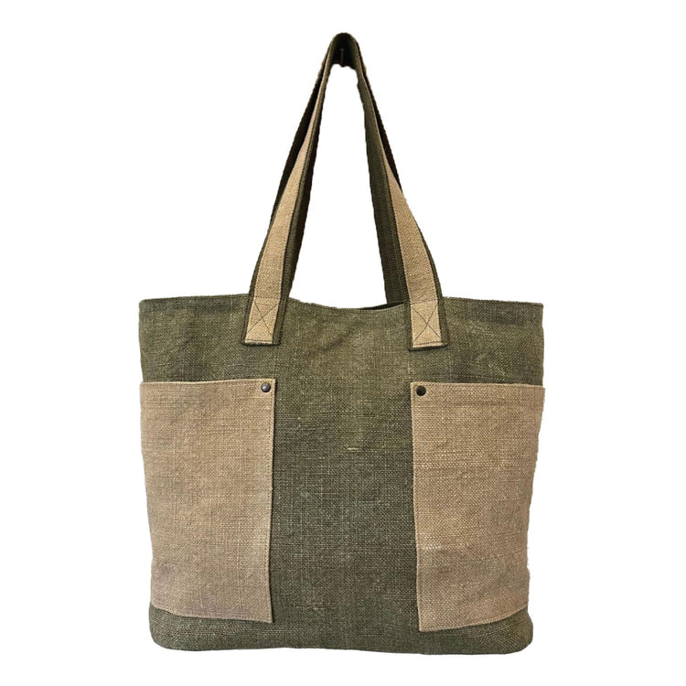 Green and beige tote bag with two pockets on a white background