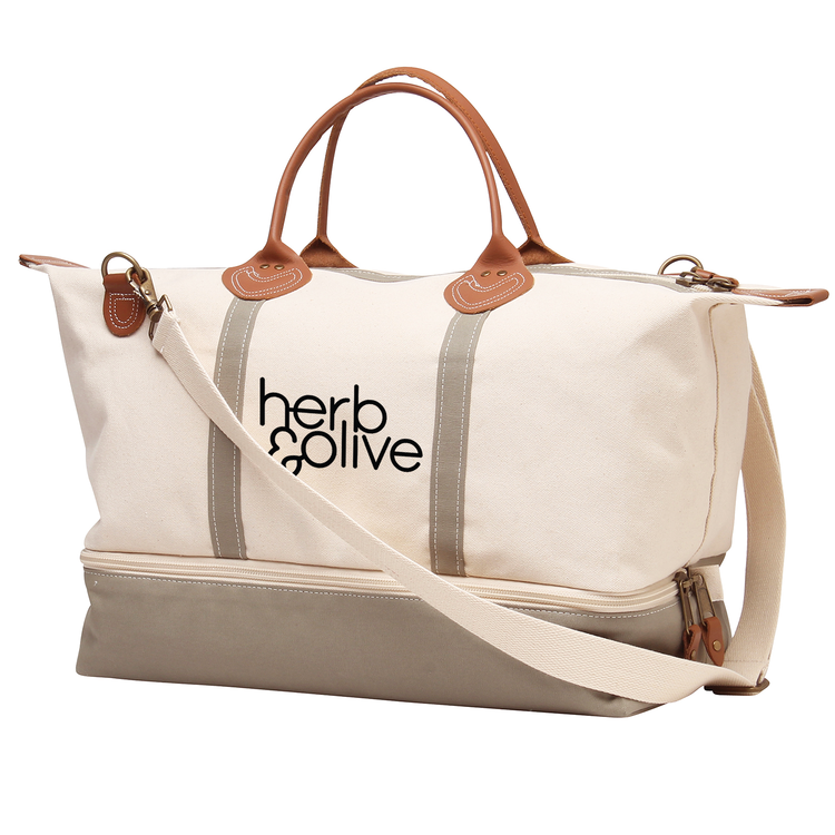 Beige and brown bag with 'herb & olive' logo on a white background