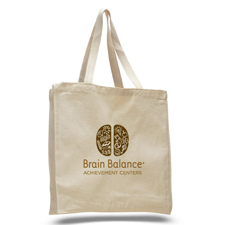 Beige tote bag with 'Brain Balance Achievement Centers' logo on a white background