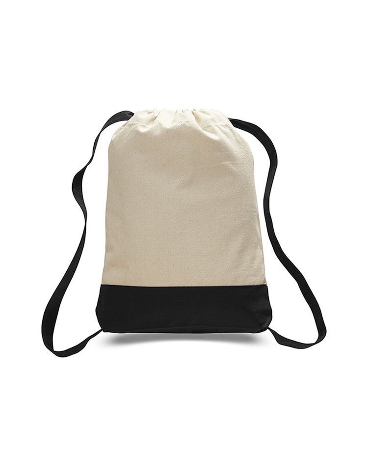 Beige and black drawstring bag on a white background