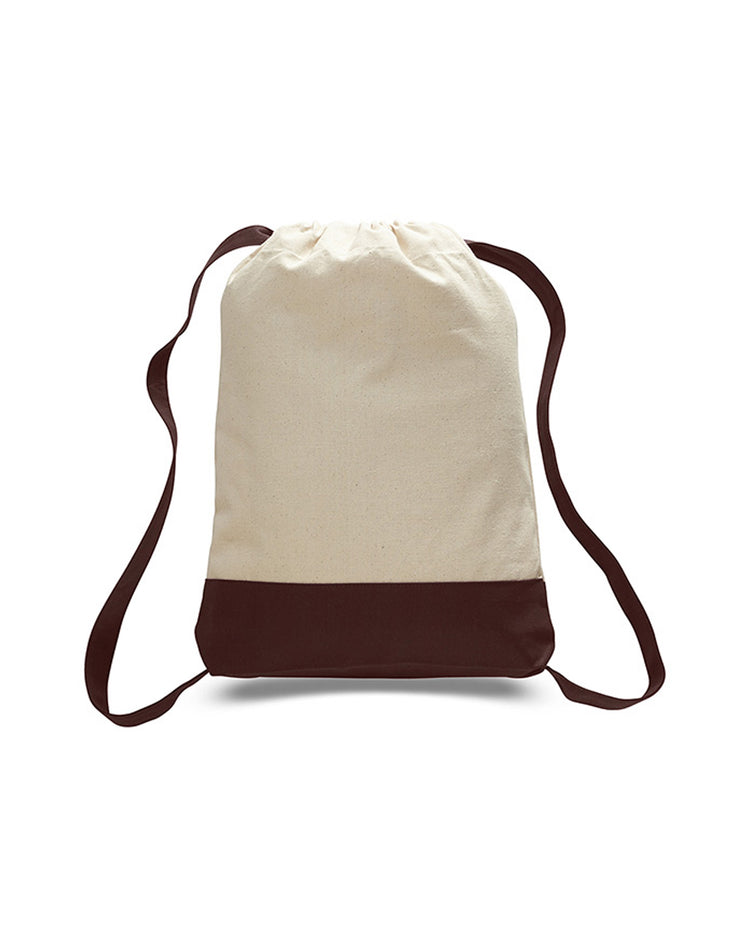 Beige and brown drawstring bag on a white background