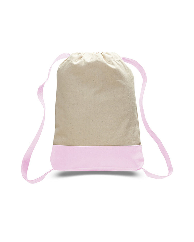 Beige and pink drawstring bag on a white background