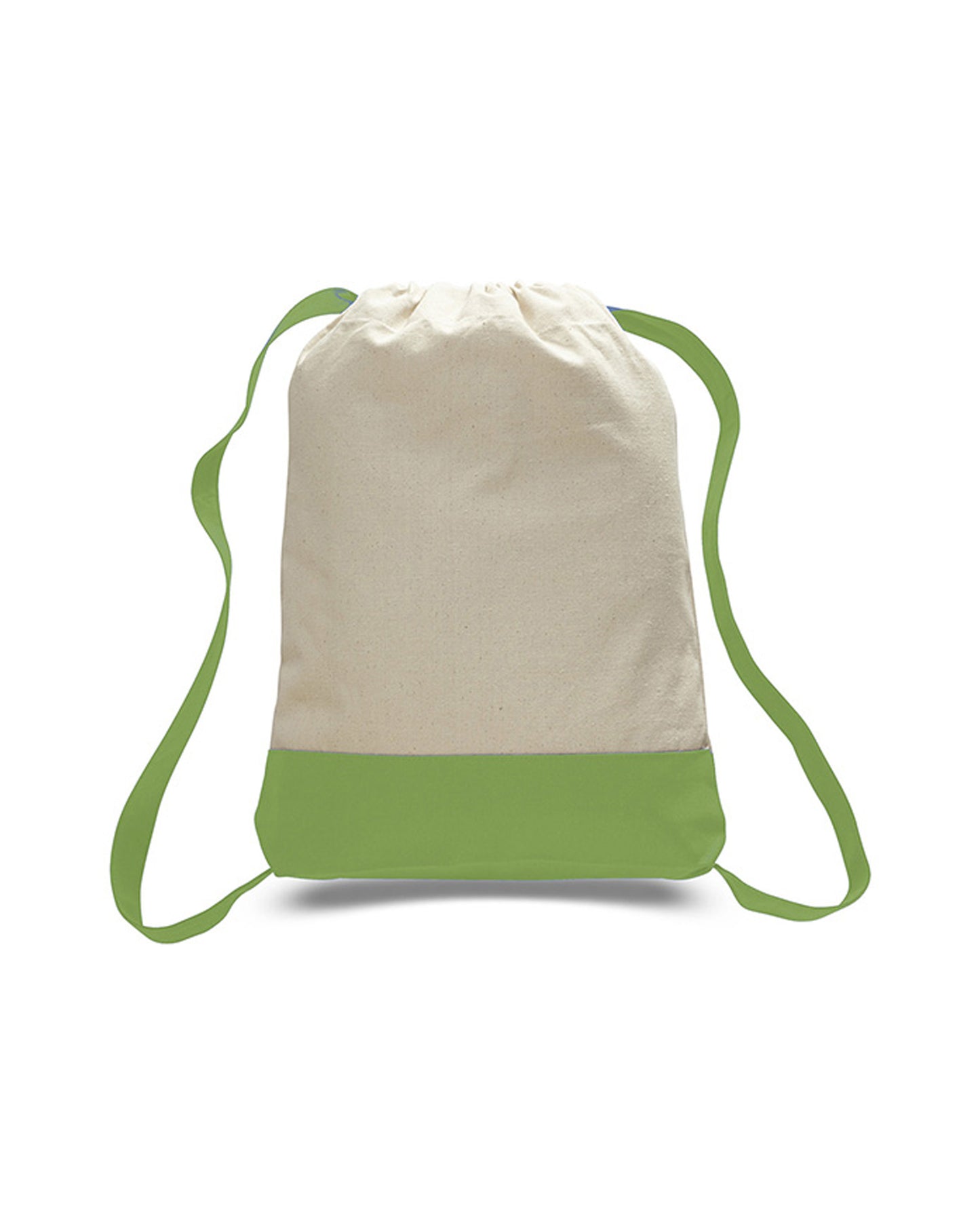 Canvas drawstring bag with green base and straps on a white background