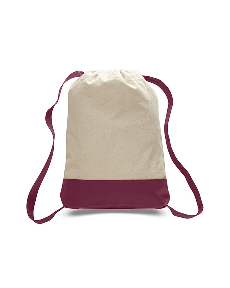 Drawstring bag with beige top and burgundy bottom on a white background