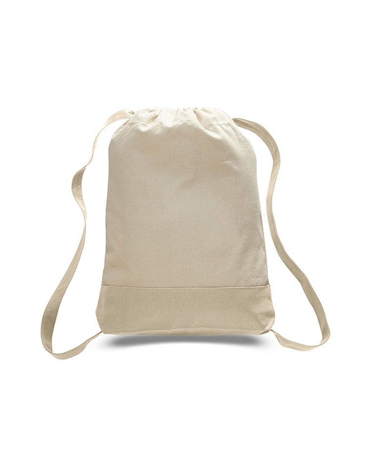 Beige drawstring bag on a white background